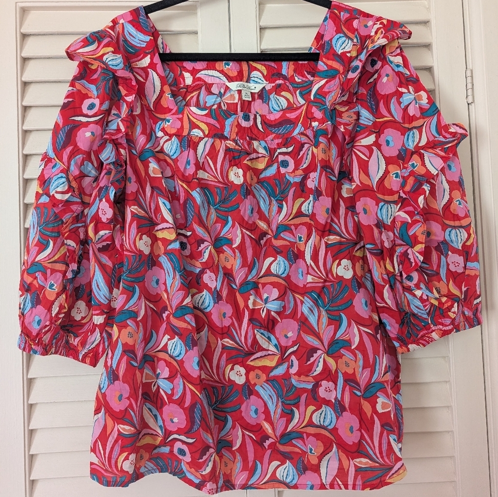 Floral Ruffle Sleeve Top - Pink and Blue